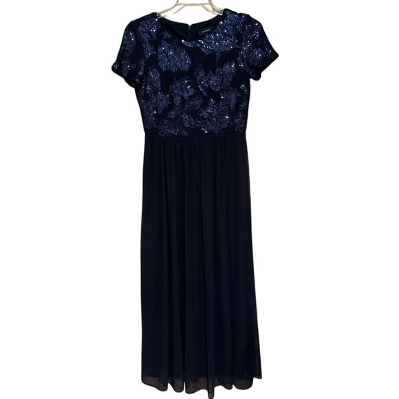 R&M Richards Mesh Sequin Embellished Short Sleeve Maxi Evening Dress Navy Size 6 - Picture 4 of 13